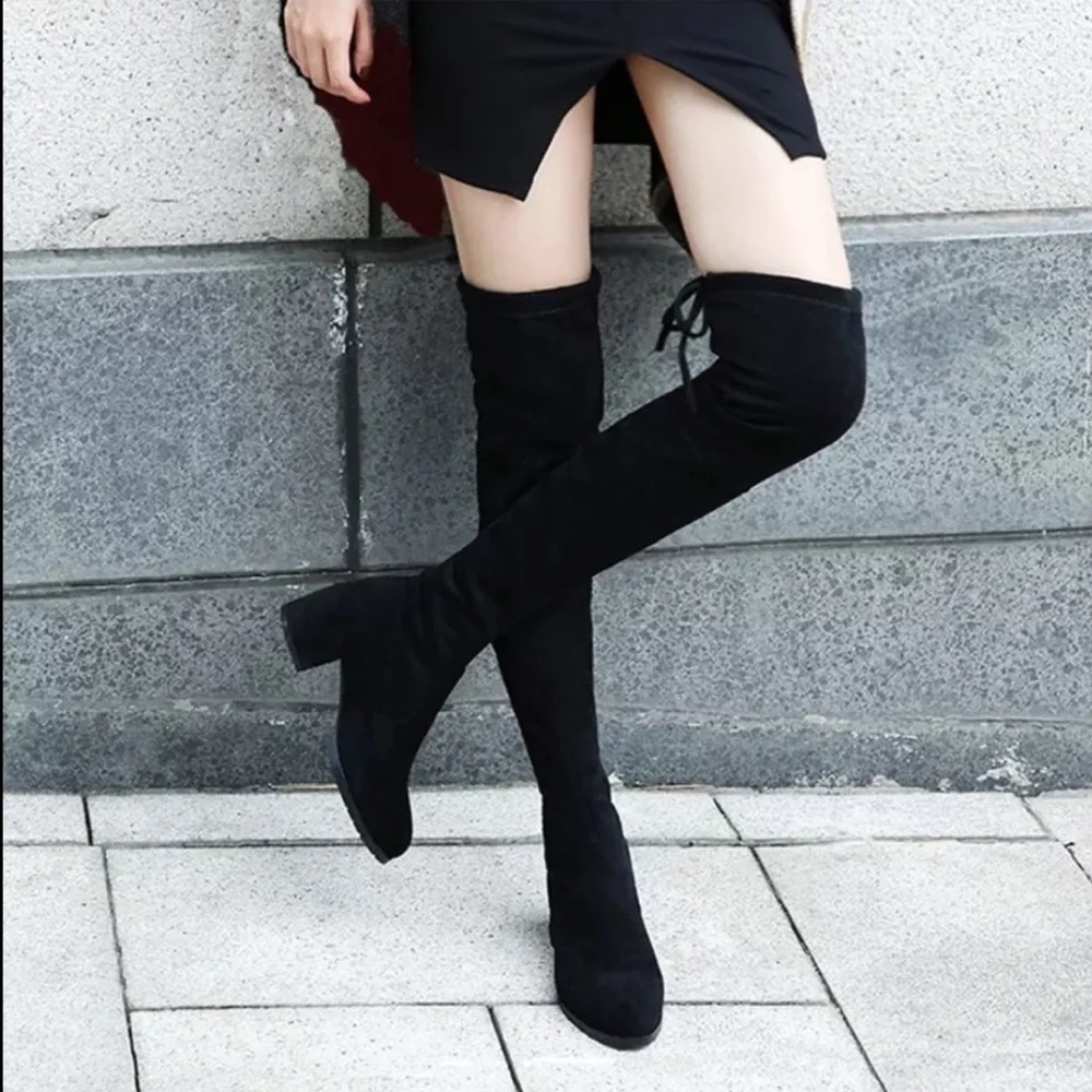 Black Faux Suede Over The Knee Block Heel Boot 6.5